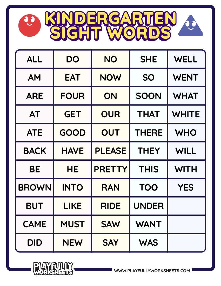Kindergarten Sight Words List