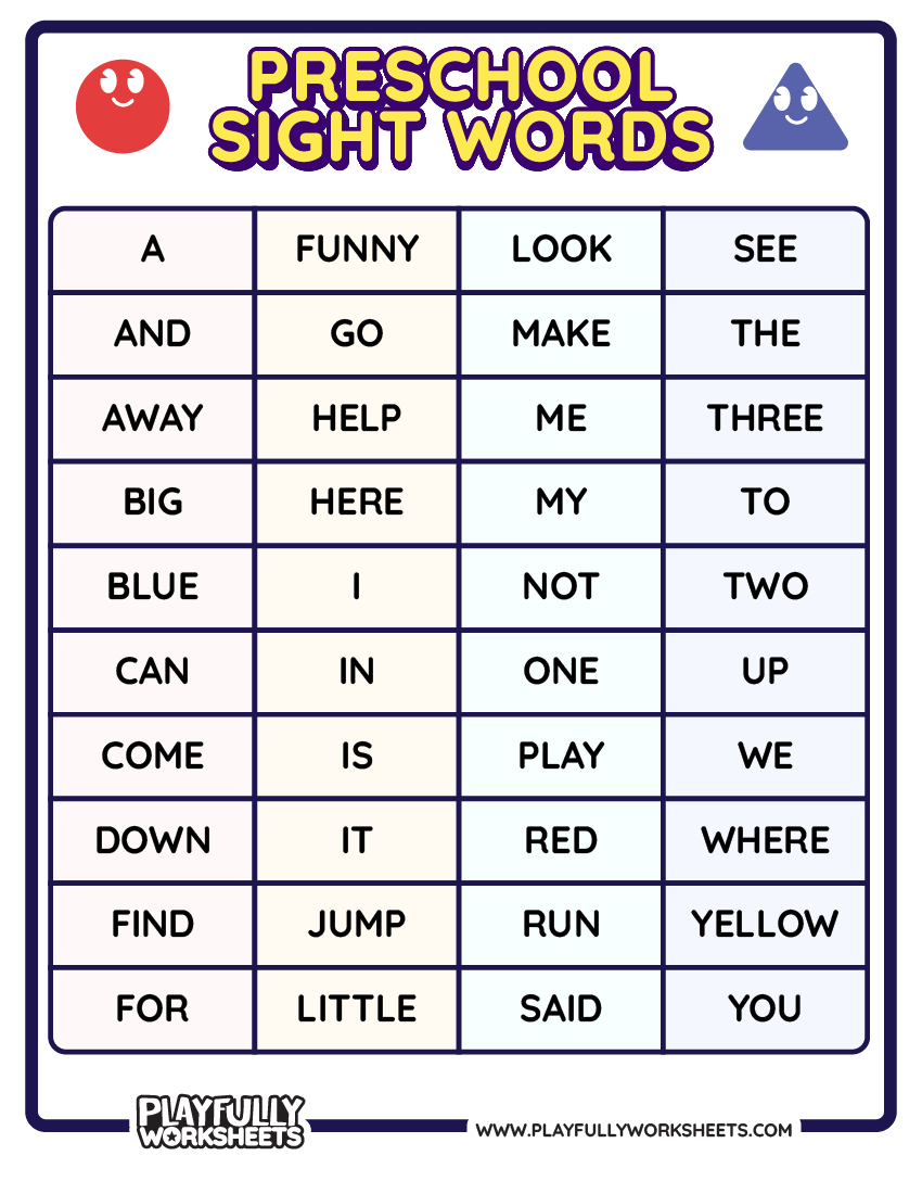 Preschool Sight Words List Color