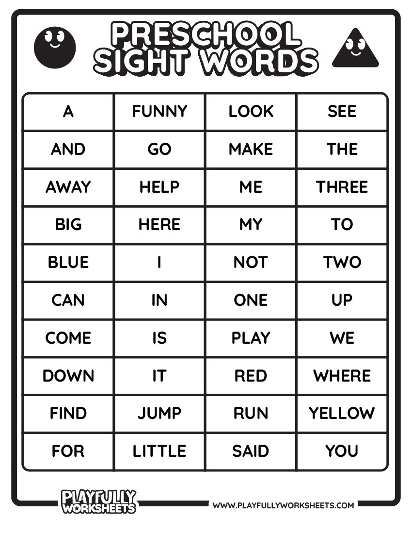 Preschool Sight Words List