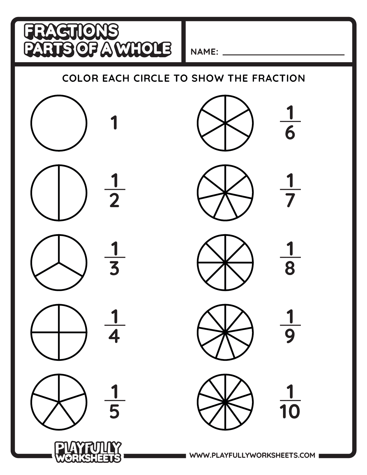 Fractions Chart for kids part of a whole B&W