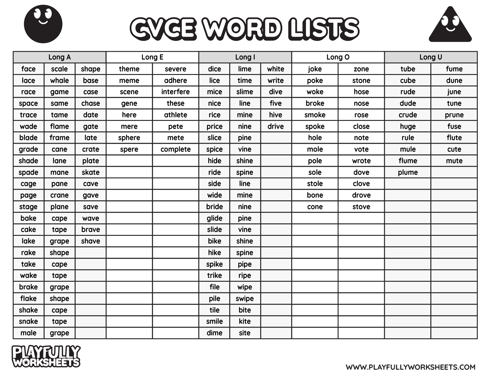 CVCE Word Lists Long Vowels