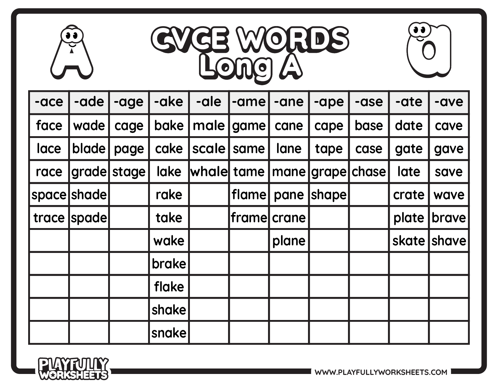 CVCE Words list Long A