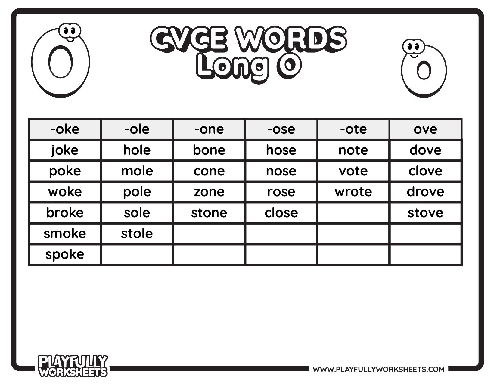 CVCE Words list Long O