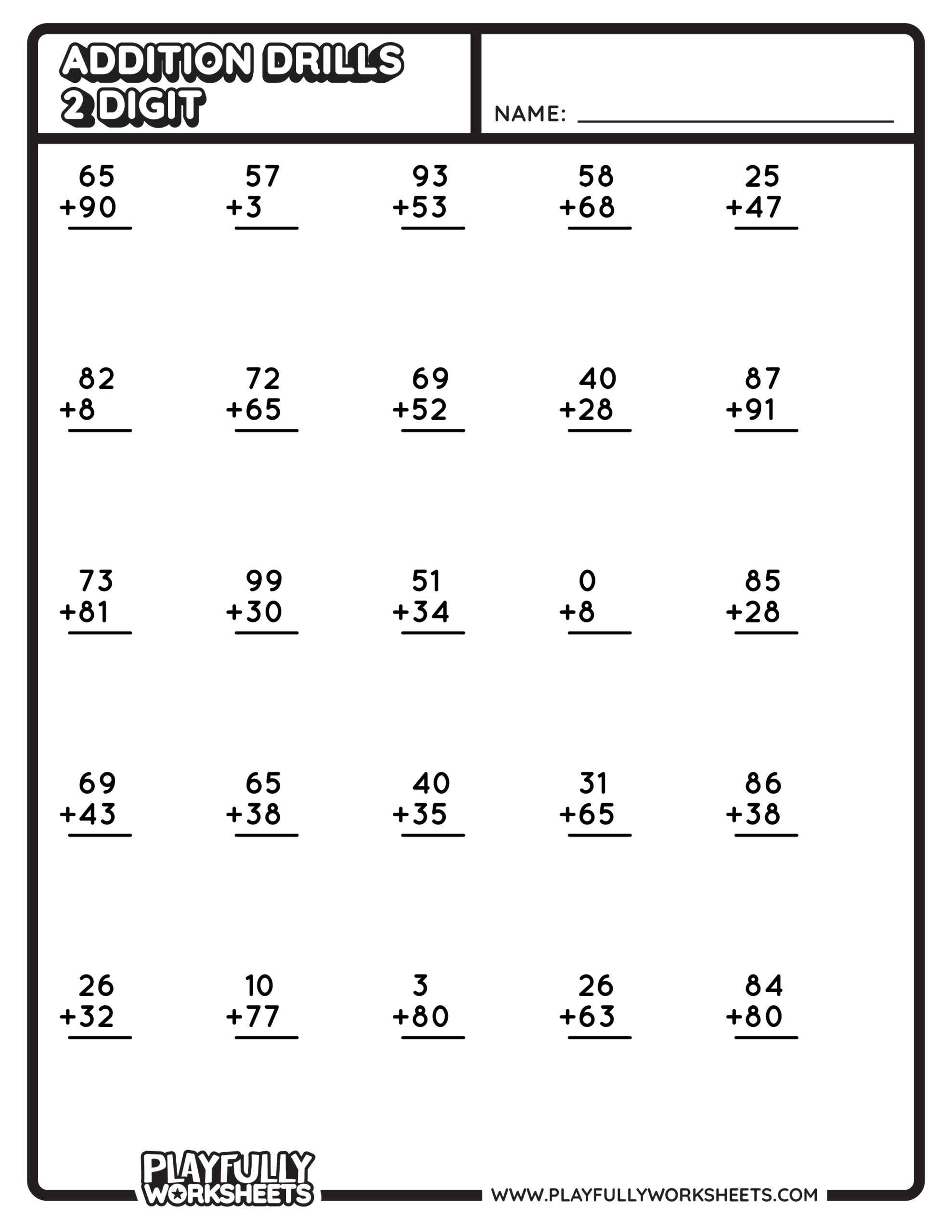 MATH ADDS DRILL - 25 DRILLS - 2 Digit