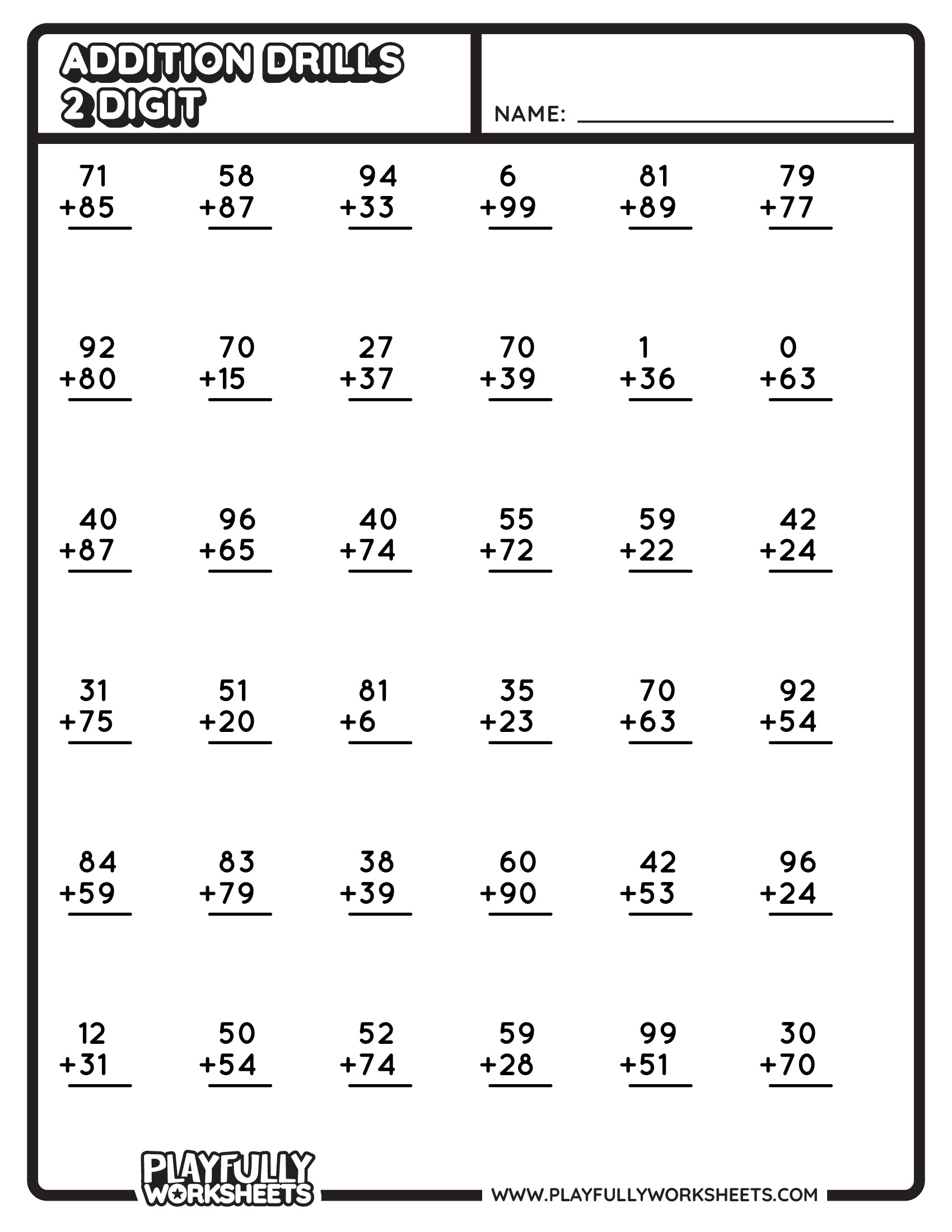 MATH ADDS DRILL - 36 DRILLS - 2 Digit