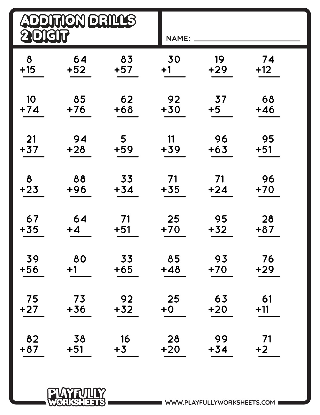 MATH ADDS DRILL - 48 DRILLS - 2 Digit