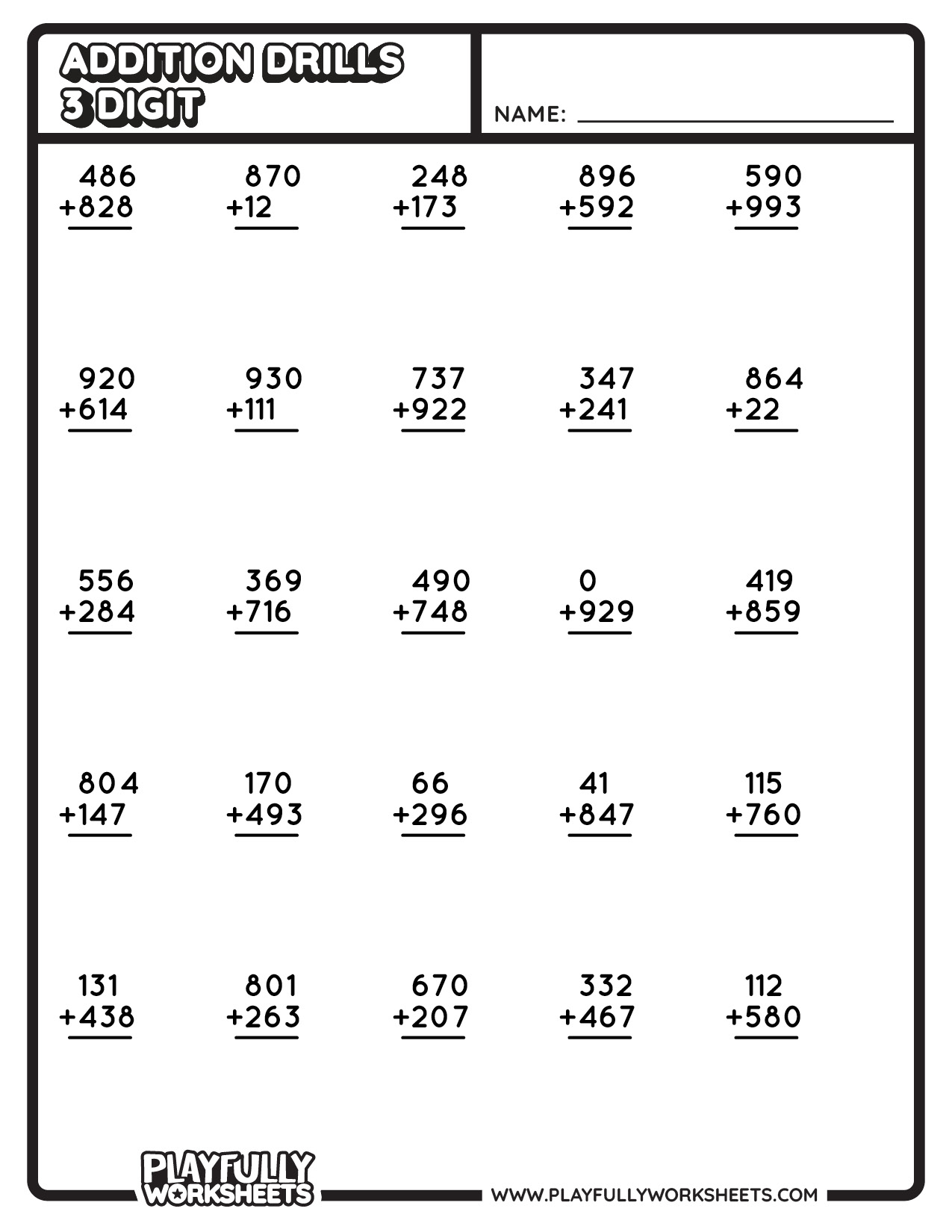 MATH ADDS DRILL - 25 DRILLS - 3 Digit-1