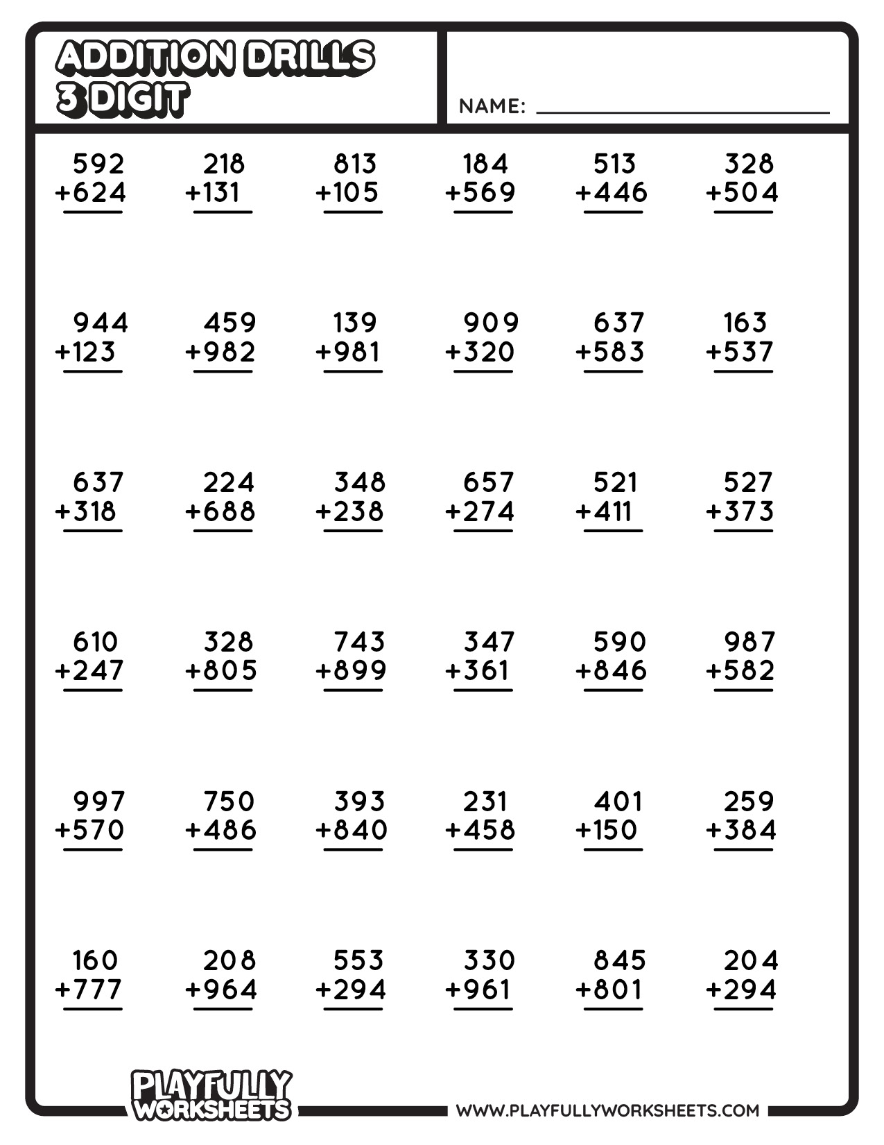 MATH ADDS DRILL - 36 DRILLS - 3 Digit-1
