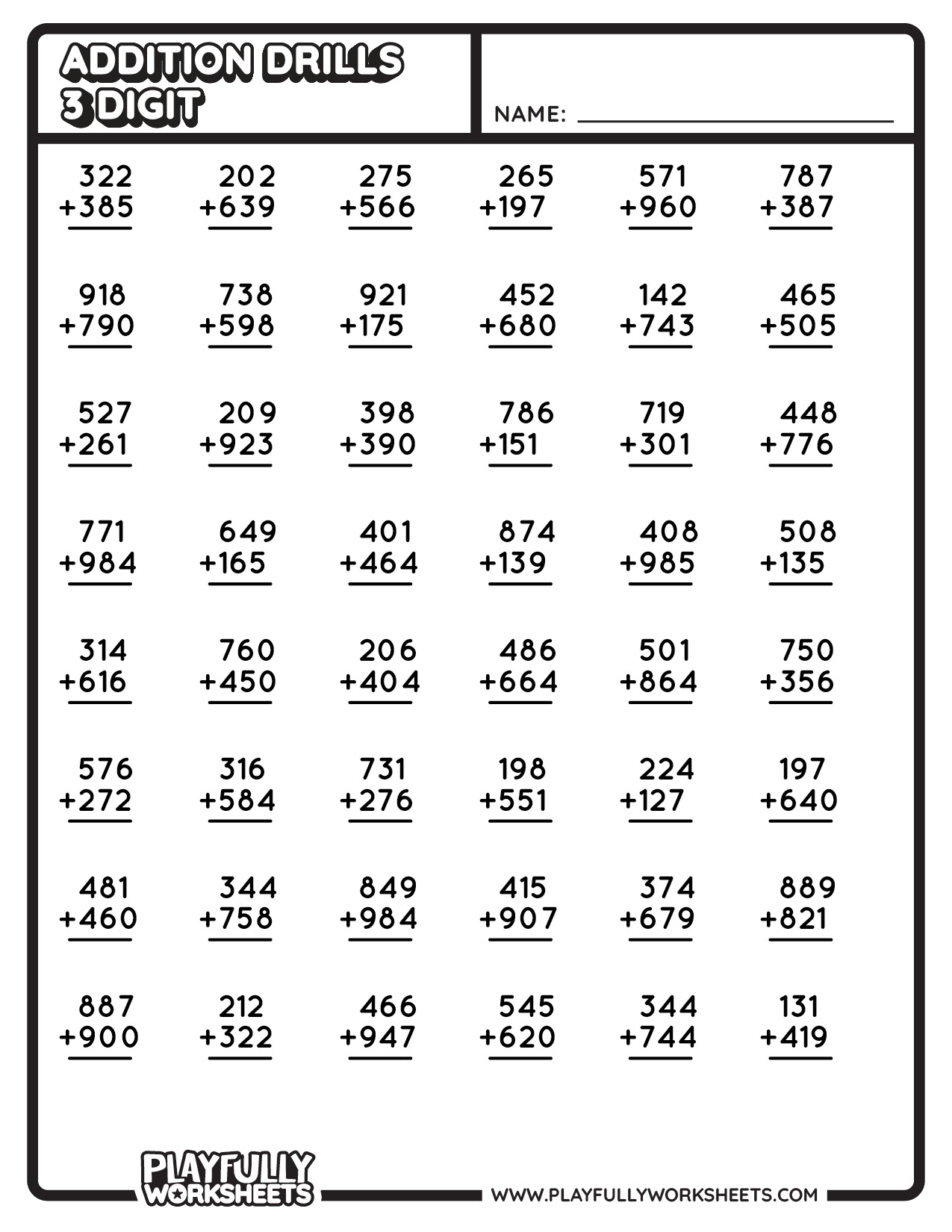 MATH ADDS DRILL - 48 DRILLS - 3 Digit-1