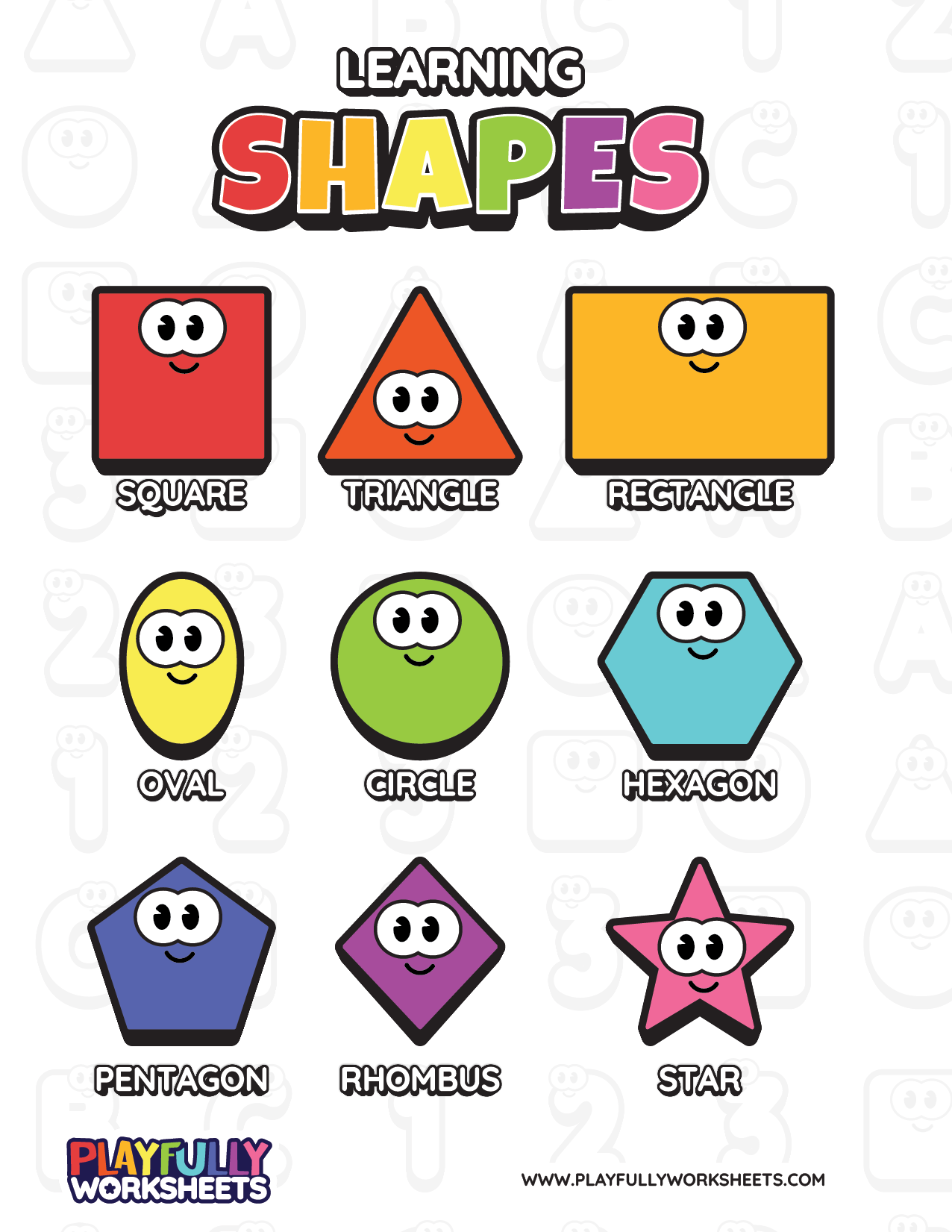 Educational shapes worksheet for preschool kids featuring nine bright, colorful geometric shapes with cute cartoon smiley faces and text labels.