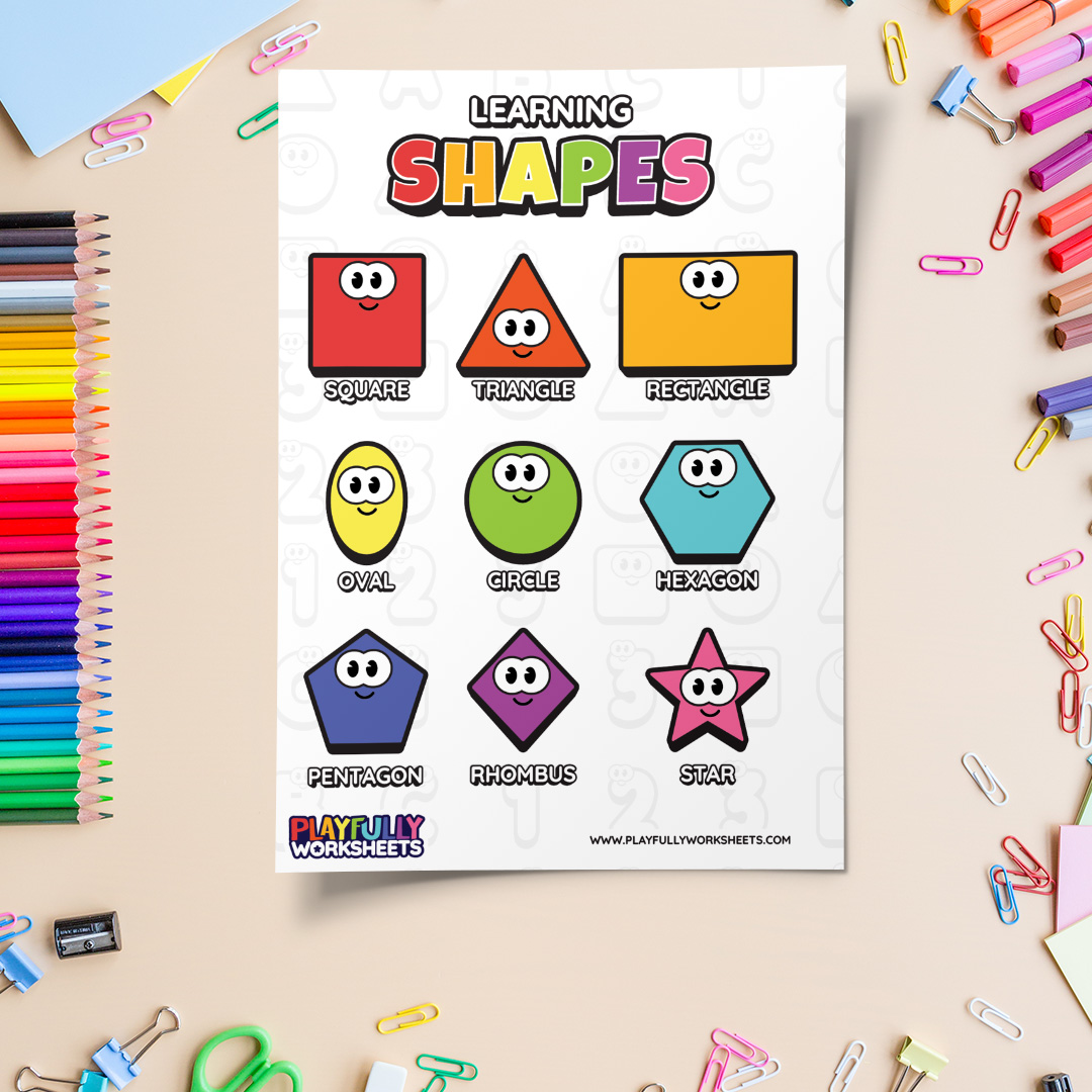 Learning-Basic-Shapes Educational shapes worksheet for preschool kids featuring nine bright, colorful geometric shapes with cute cartoon smiley faces and text labels.